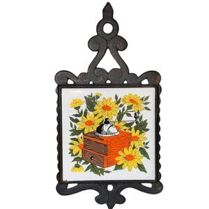 Vintage Yellow Daisy Flower Coffee Mill Ceramic Tile Cast Iron Trivet